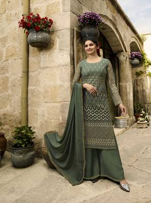 Green Embroidered Net Semi Stitched Salwar With Dupatta 1
