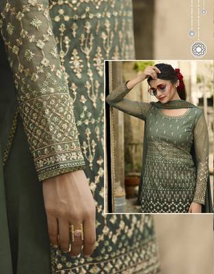 Green Embroidered Net Semi Stitched Salwar With Dupatta 2
