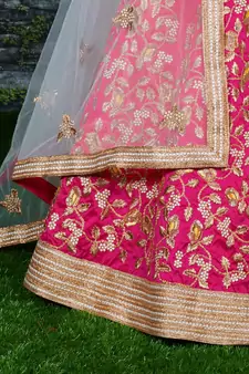Pink Embroidered Silk Semi Stitched Lehenga With Dupatta