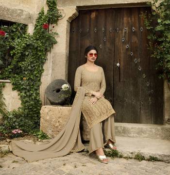 Beige Embroidered Net Semi Stitched Salwar With Dupatta 1