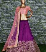 Purple Embroidered Silk Semi Stitched Lehenga With Dupatta