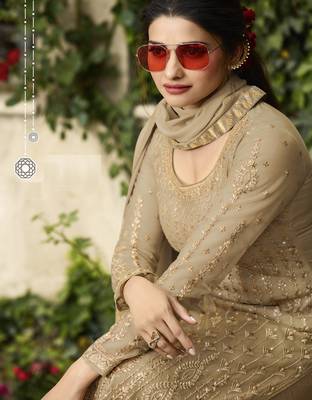 Beige Embroidered Net Semi Stitched Salwar With Dupatta 2