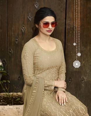Beige Embroidered Net Semi Stitched Salwar With Dupatta 4