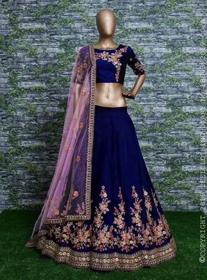 Dark Blue Embroidered Satin Semi Stitched Lehenga With Dupatta 1