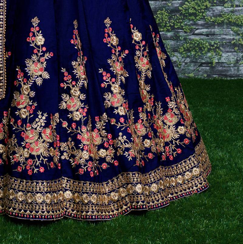 Dark Blue Embroidered Satin Semi Stitched Lehenga With Dupatta