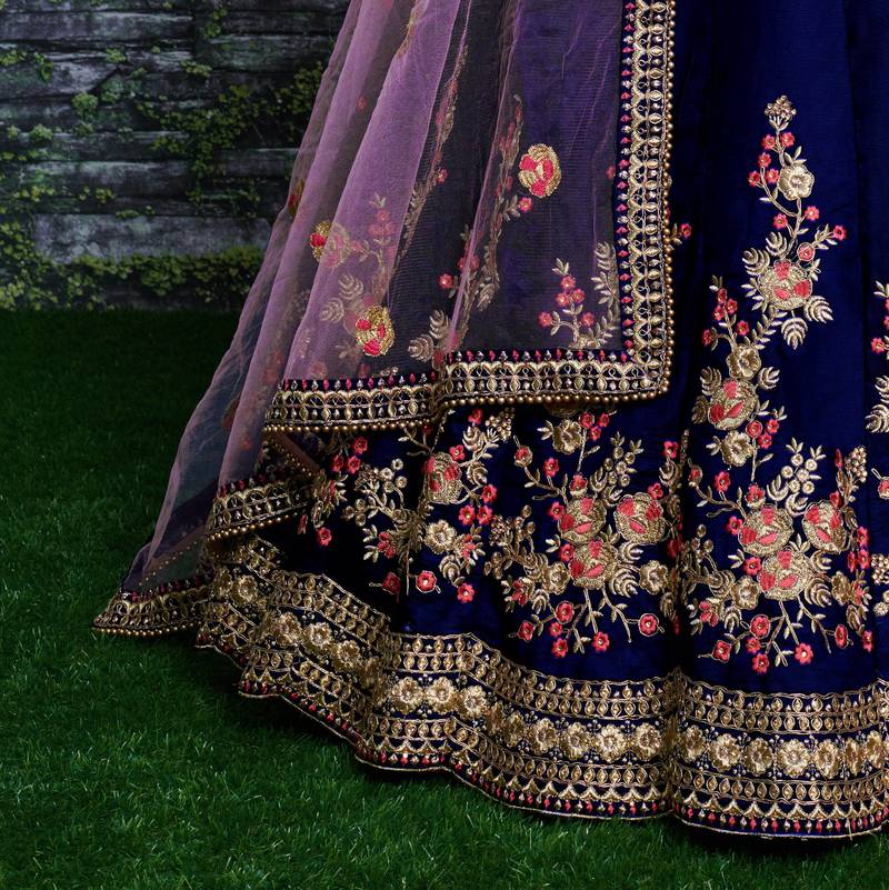 Dark Blue Embroidered Satin Semi Stitched Lehenga With Dupatta