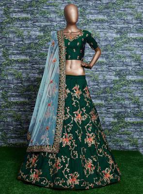 Green Embroidered Satin Semi Stitched Lehenga With Dupatta 1