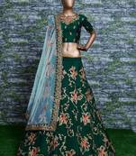 Green Embroidered Satin Semi Stitched Lehenga With Dupatta