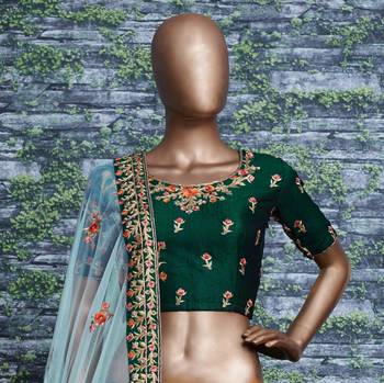 Green Embroidered Satin Semi Stitched Lehenga With Dupatta 2