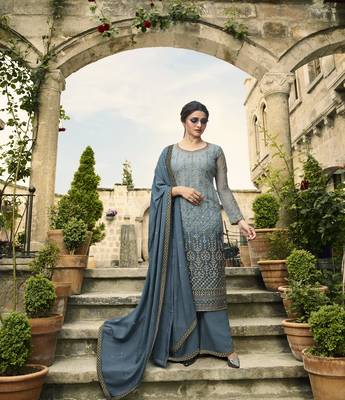 Grey Embroidered Net Semi Stitched Salwar With Dupatta 1
