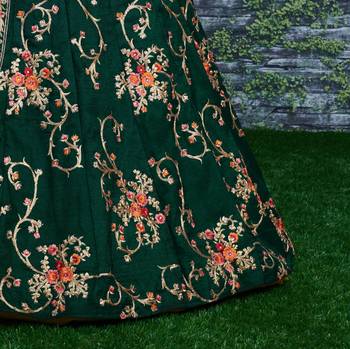 Green Embroidered Satin Semi Stitched Lehenga With Dupatta 3