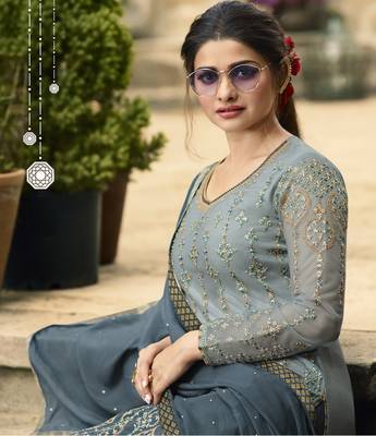 Grey Embroidered Net Semi Stitched Salwar With Dupatta 2