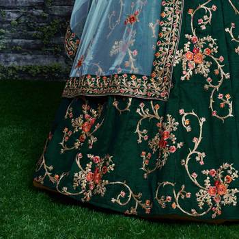 Green Embroidered Satin Semi Stitched Lehenga With Dupatta 4