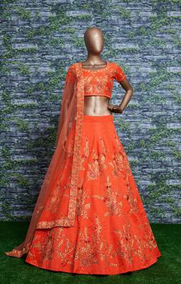 Orange Embroidered Silk Semi Stitched Lehenga With Dupatta 1