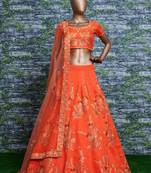 Orange Embroidered Silk Semi Stitched Lehenga With Dupatta