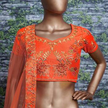 Orange Embroidered Silk Semi Stitched Lehenga With Dupatta 2