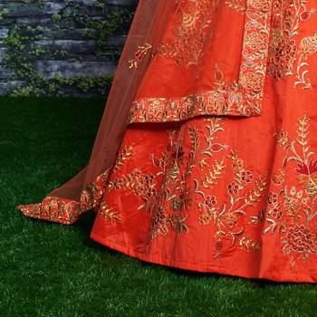 Orange Embroidered Silk Semi Stitched Lehenga With Dupatta 4