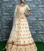 Cream Embroidered Silk Semi Stitched Lehenga With Dupatta
