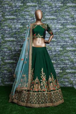 Dark Green Embroidered Satin Semi Stitched Lehenga With Dupatta 1