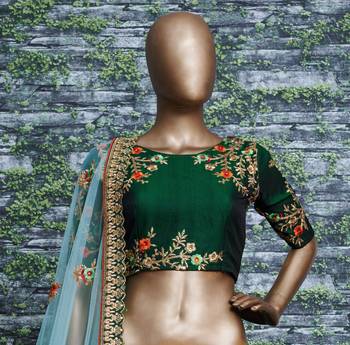 Dark Green Embroidered Satin Semi Stitched Lehenga With Dupatta 2