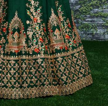 Dark Green Embroidered Satin Semi Stitched Lehenga With Dupatta 3