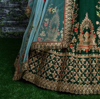Dark Green Embroidered Satin Semi Stitched Lehenga With Dupatta 4