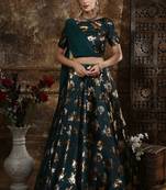 Teal Green  Metalic Foil Work  Taffeta Satin Unstitched Lehenga With Blouse