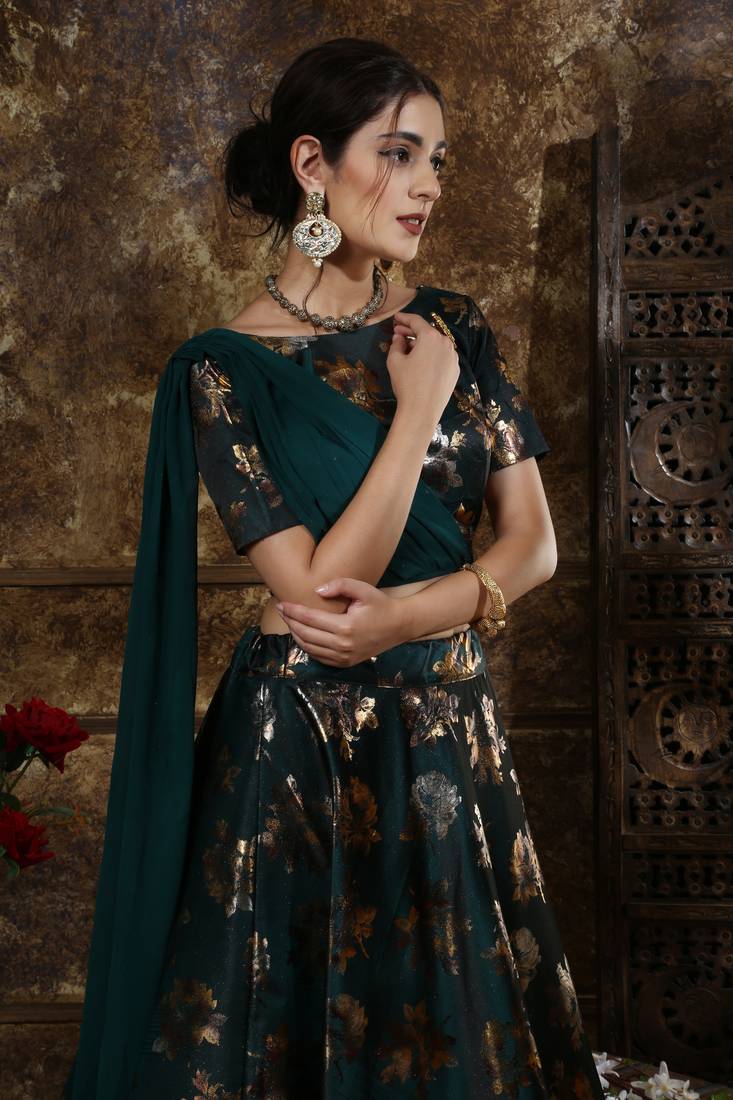 Teal Green  Metalic Foil Work  Taffeta Satin Unstitched Lehenga With Blouse