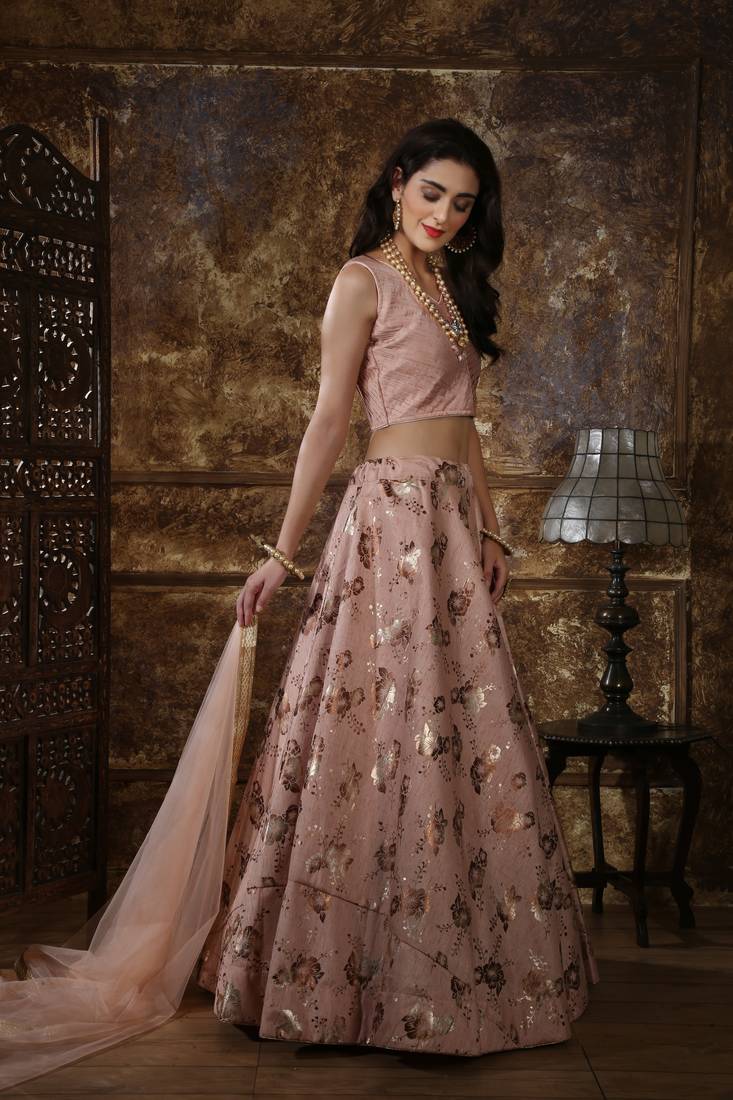 Peach Metalic Foil Embroidered Silk Semi Stitched Lehenga