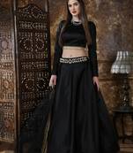 Black Embroidered Satin Semi Stitched Lehenga