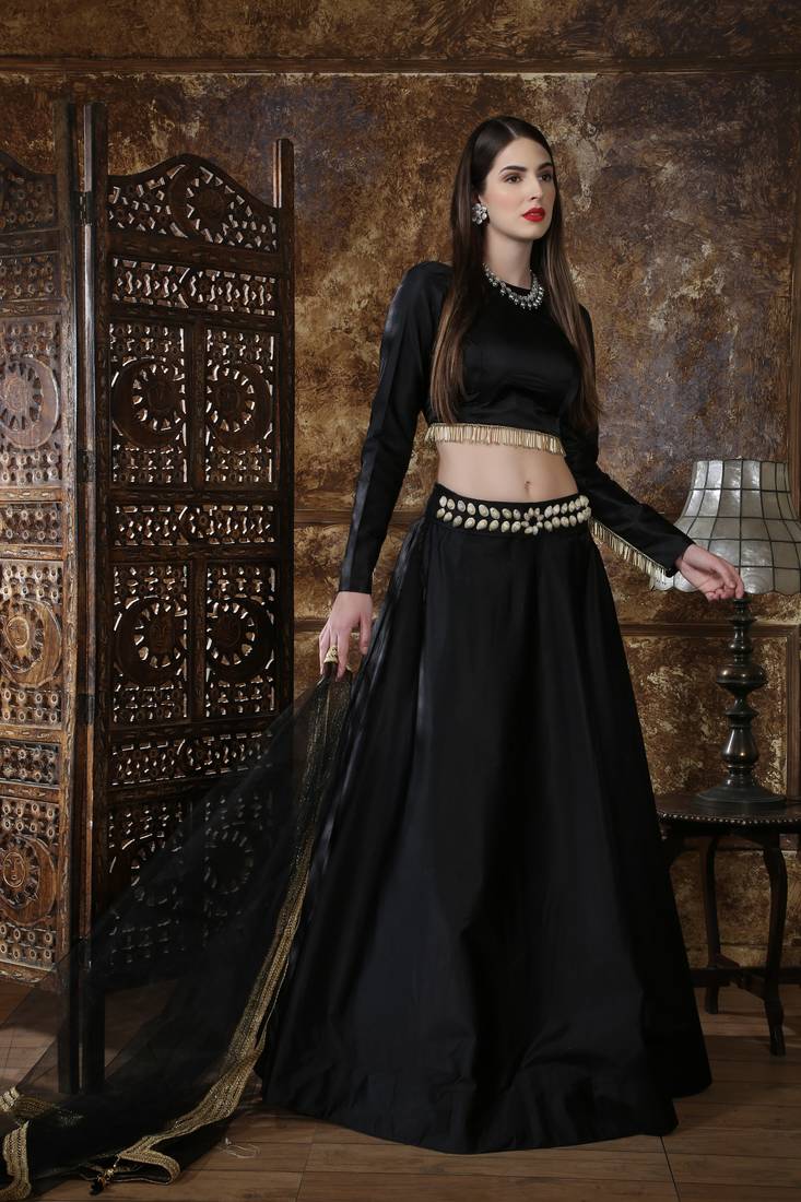 Black Embroidered Satin Semi Stitched Lehenga