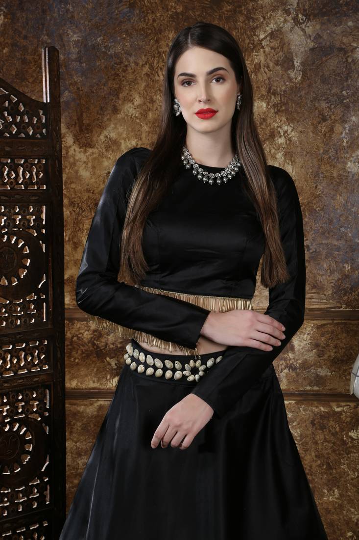 Black Embroidered Satin Semi Stitched Lehenga