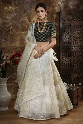 Off White Thread And Sequins Embroidered Organza Semi Stitched Lehenga 1