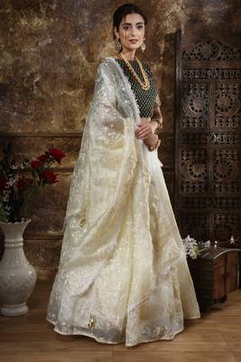 Off White Thread And Sequins Embroidered Organza Semi Stitched Lehenga 4