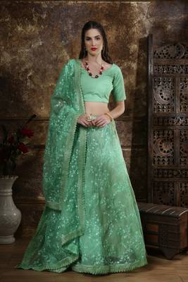 Green Embroidered Organza Semi Stitched Lehenga 1
