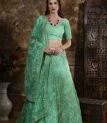 Green Embroidered Organza Semi Stitched Lehenga