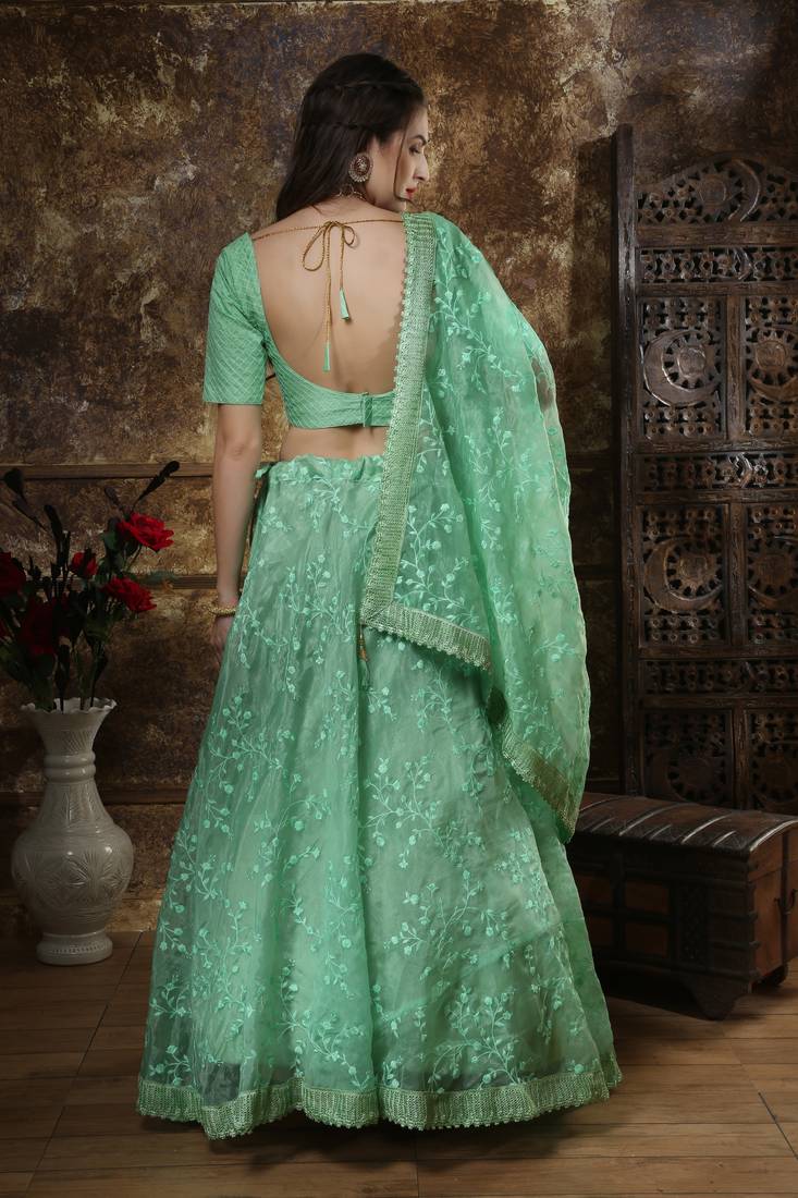 Green Embroidered Organza Semi Stitched Lehenga
