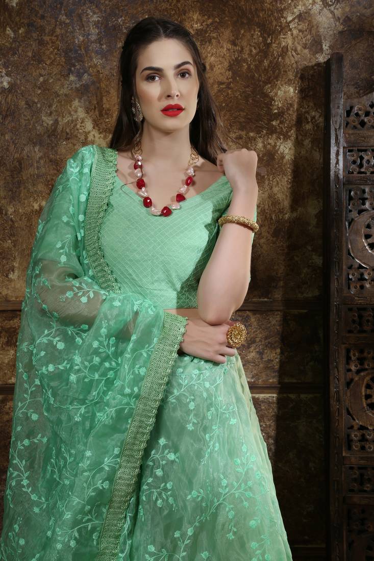 Green Embroidered Organza Semi Stitched Lehenga