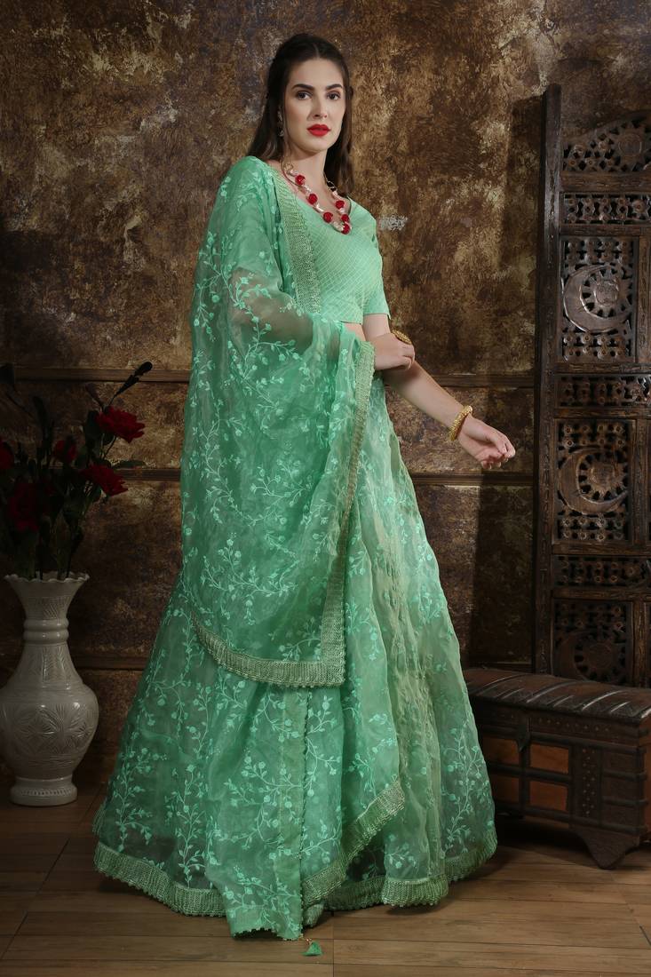 Green Embroidered Organza Semi Stitched Lehenga