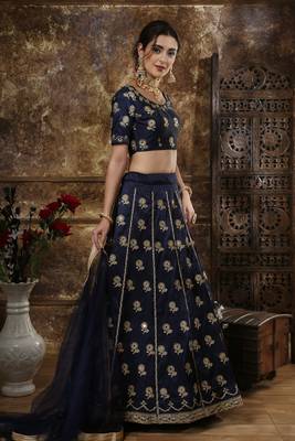 Navy Blue Embroidered Silk Semi Stitched Lehenga 2