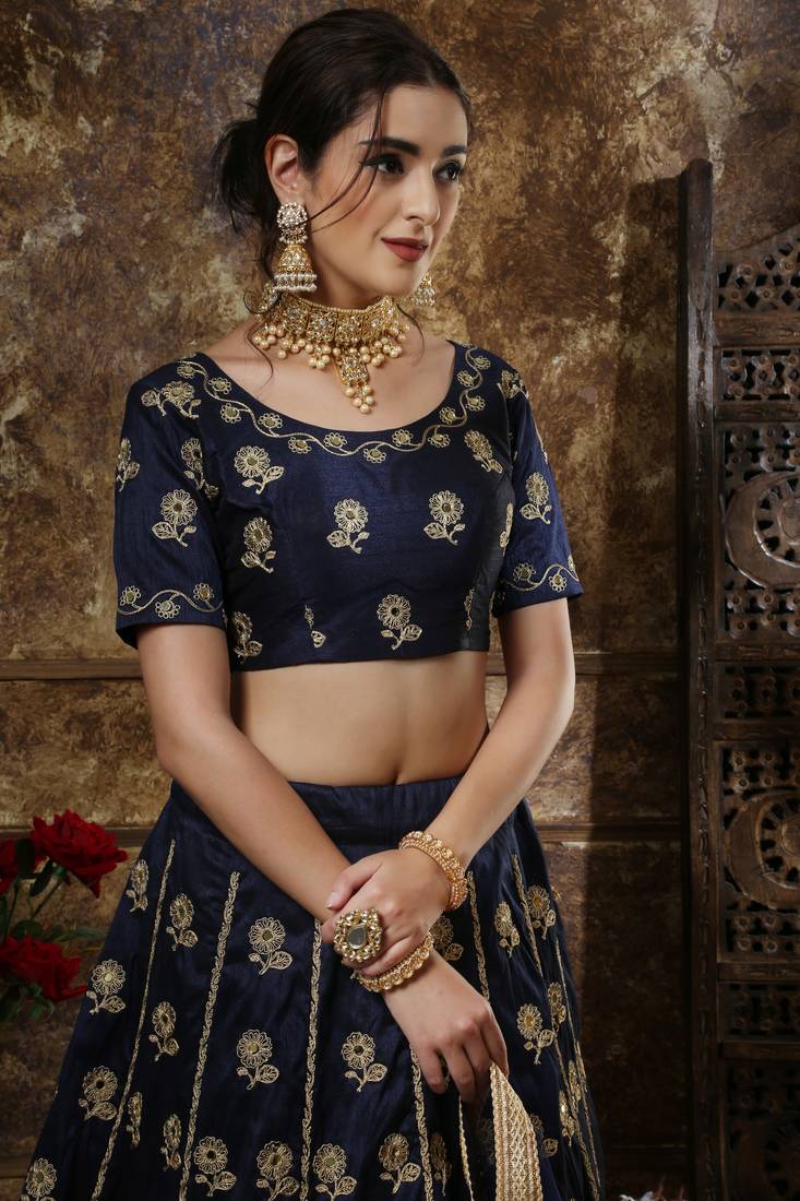 Navy Blue Embroidered Silk Semi Stitched Lehenga