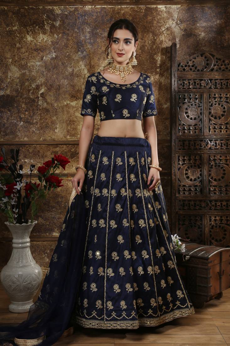 Navy Blue Embroidered Silk Semi Stitched Lehenga