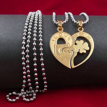 Saizen  Stainless Steel Gold Plated His & Her Heart-Shape I Love You Couple Locket With Chain For Valentine 3
