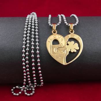 Saizen  Stainless Steel Gold Plated His & Her Heart-Shape I Love You Couple Locket With Chain For Valentine 4