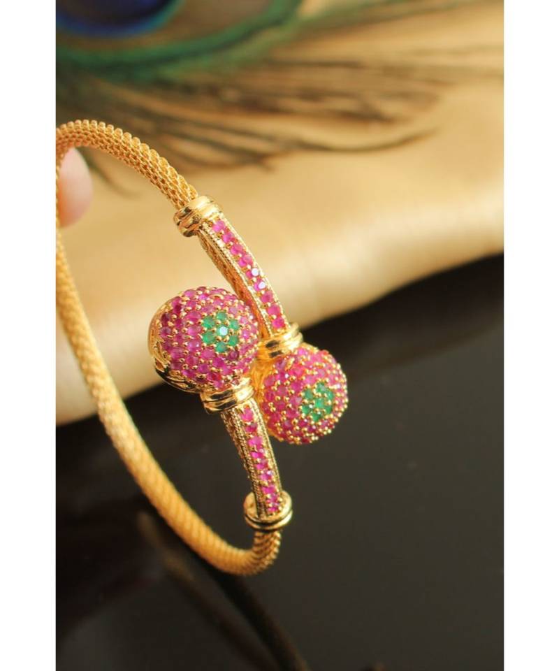 Gorgeous Gold Tone Cz Ruby Green Designer Open Type Bracelet