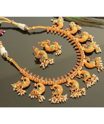 Beautiful Matte Finish Ruby Emerald Peacock Designer Necklace Set 1
