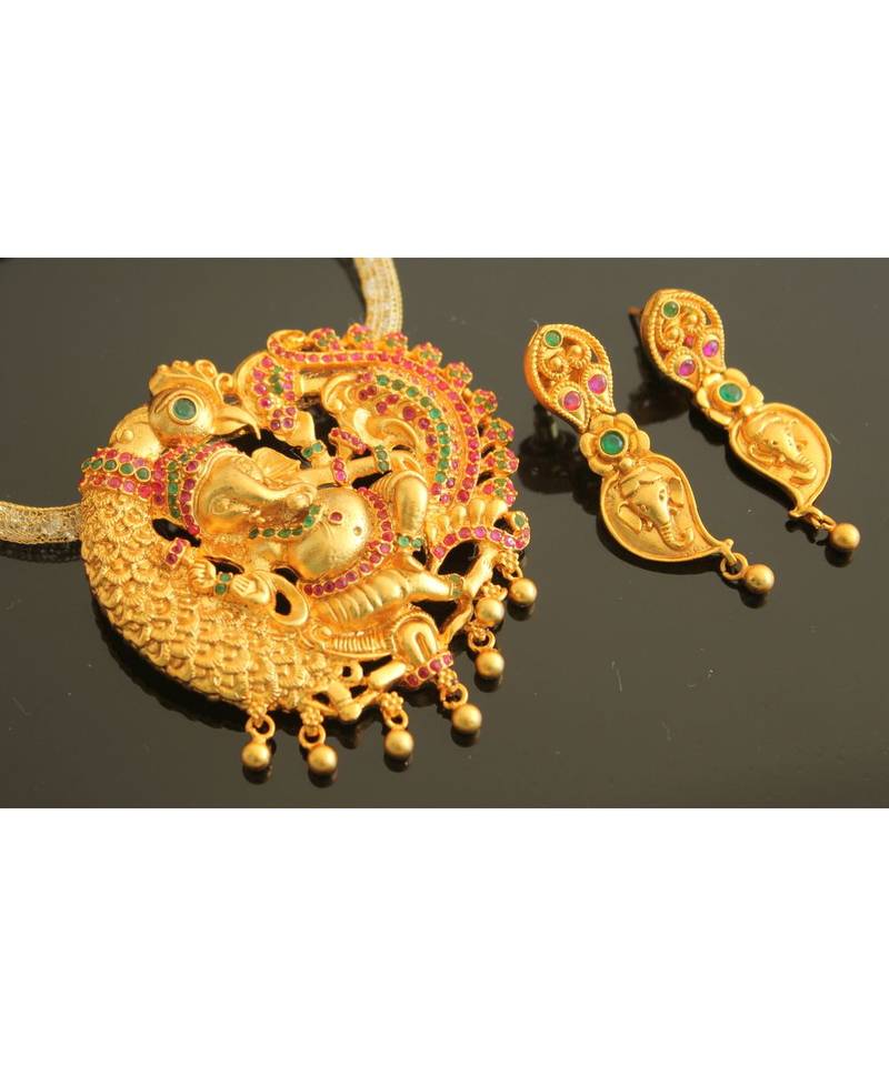Divine Matte Finish Ruby Emerald Ganesha Necklace Set