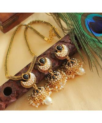 Lovely Pearl Cluster Black Moon Shape Jhumka Pendant Set 1
