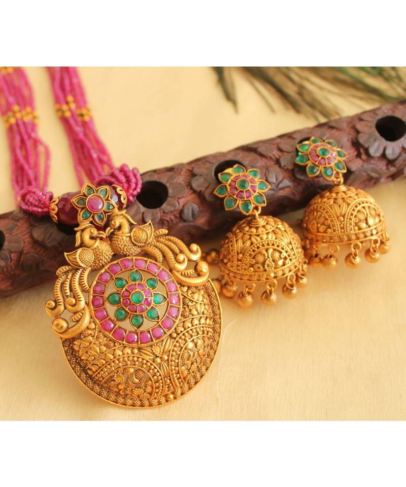 Beautiful Matte Finish Ruby Emerald Designer Necklace Set