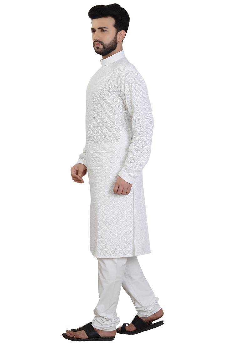 White Stylish And Fancy Chikkankari Kurta Pyjama Set